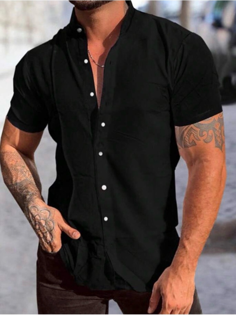 NWOT SHEIN Black Short-Sleeve Band Collar Button-Down Shirt